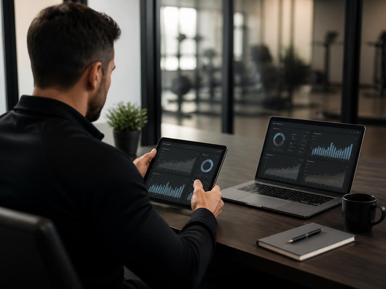Gym owner reviewing personal training performance metrics on a tablet and laptop