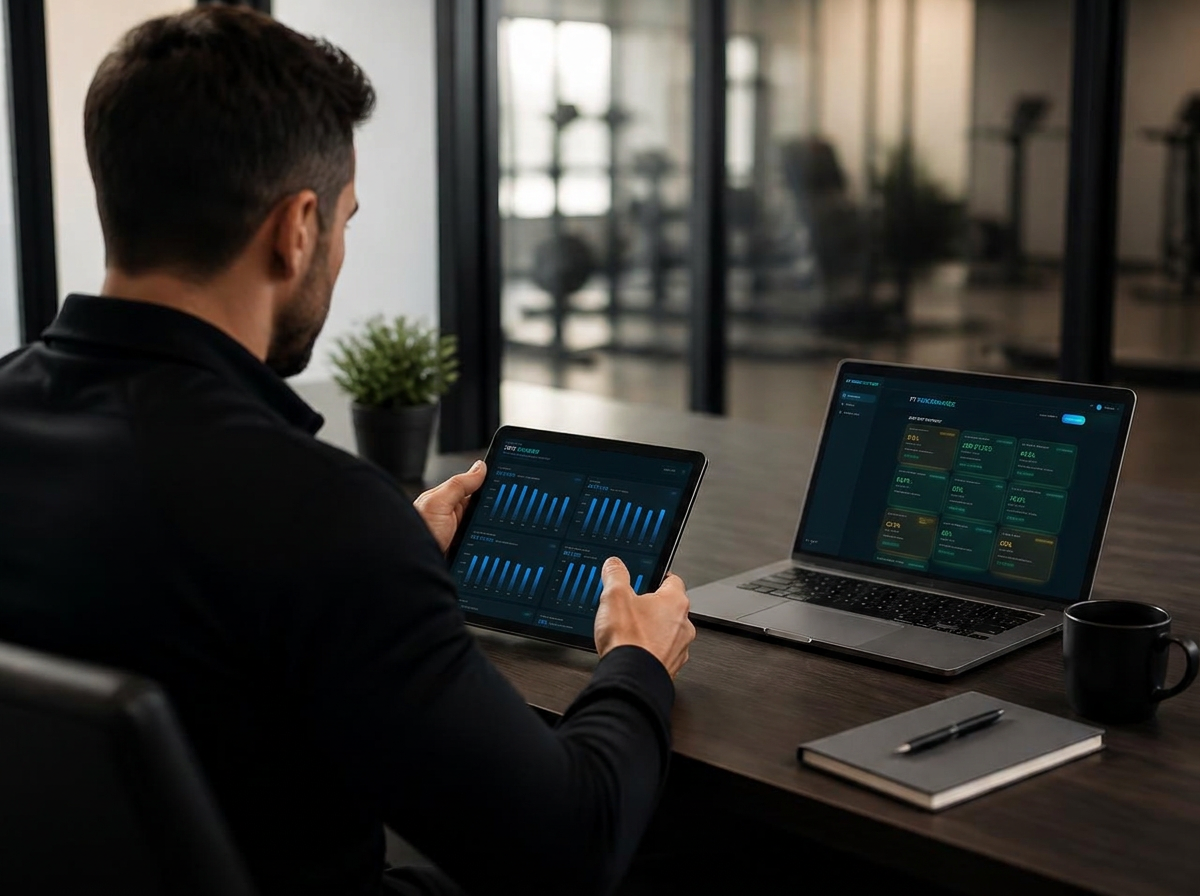 Gym owner reviewing personal training performance metrics on a tablet and laptop